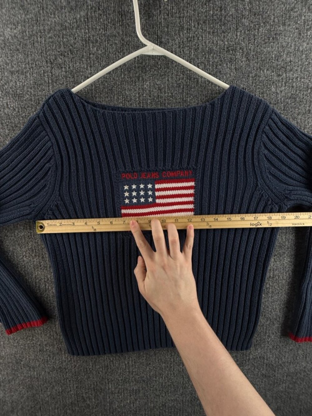 Ralph Lauren Boat Neck Ribbed USA Flag Polo Jeans Company Sweater Blue Logo XL - Picture 8 of 15